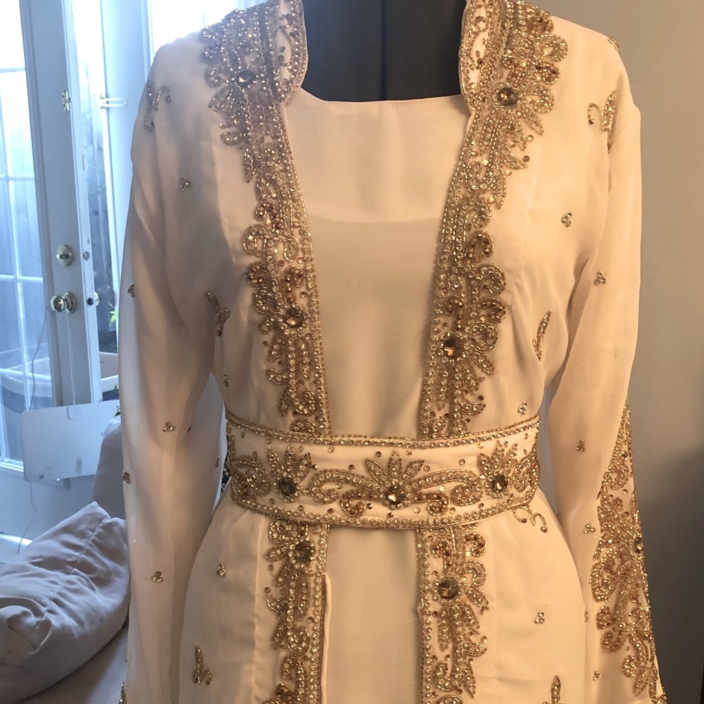 White Djellaba Abaya With gold and diamond beading NWOT